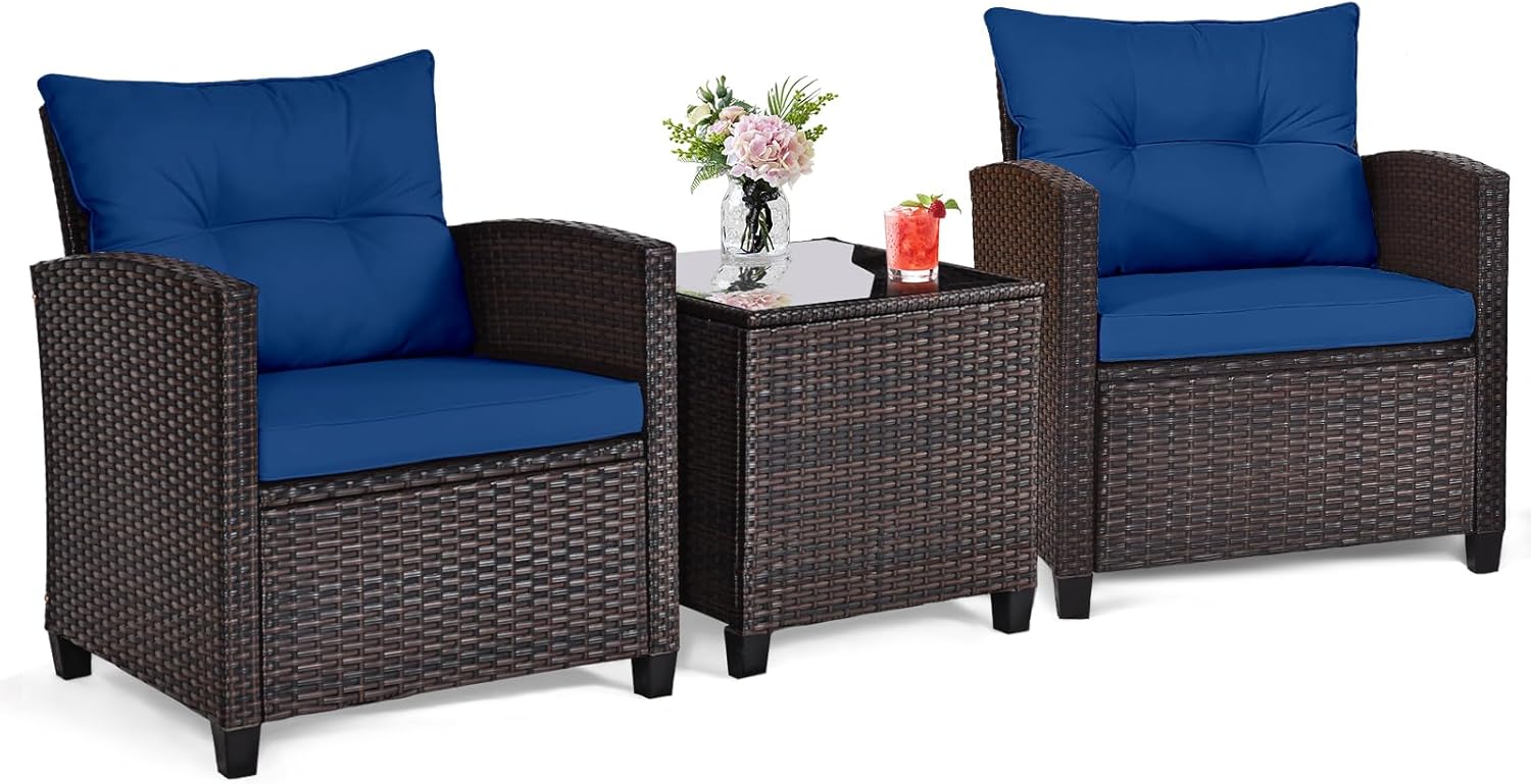 Navy blue rattan wicker 3-piec - Bistro Table Set recension och pris